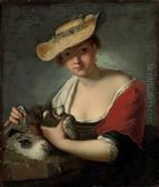 A Young Woman With Doves Oil Painting by Antoine Pesne