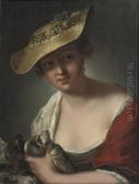 A Woman With Doves Oil Painting by Antoine Pesne