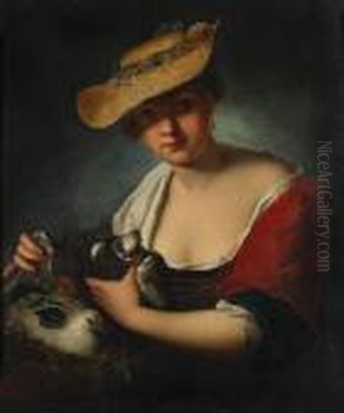 Girl With Pigeons Oil Painting by Antoine Pesne