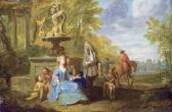 Depart Pour La Chasse Pres D'une Fontaine Oil Painting by Antoine Pesne