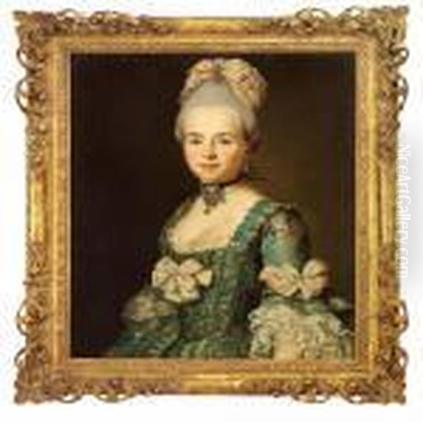 Elegant Lady In Blue Brocade Dress Decorated With Flowers Oil Painting by Antoine Pesne