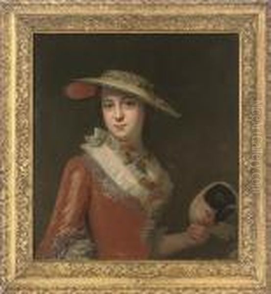 Portrait Of A Lady, Half-length,
 In A Red Embroidered Dress, And Astraw Hat, A Mask In Her Left Hand Oil Painting by Antoine Pesne