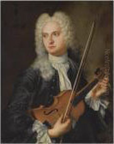 Portrait Of A Musician, Half 
Length, Wearing A Blue Coat With Awhite Chemise, Tuning His Violin Oil Painting by Antoine Pesne