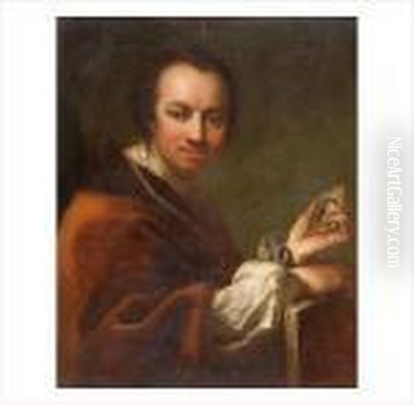 Portrait D'un Artiste Tenant Une
 Miniature De La Main Gauche, La Main Droite Appuyee Sur Une Toile 
Preparee. Oil Painting by Antoine Pesne