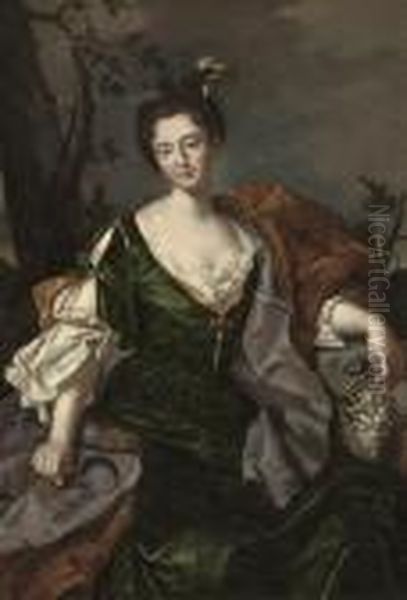 Portrait Of A Lady, 
Three-quarter-length, As Ceres, In Green Classical Dress And Brown Wrap,
 A Bunch Of Grapes In Her Left Hand, A Sickle In Her Right Oil Painting by Antoine Pesne