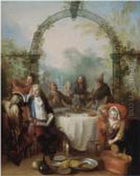 Elegant Figures Dining In A Garden Setting Oil Painting by Antoine Pesne