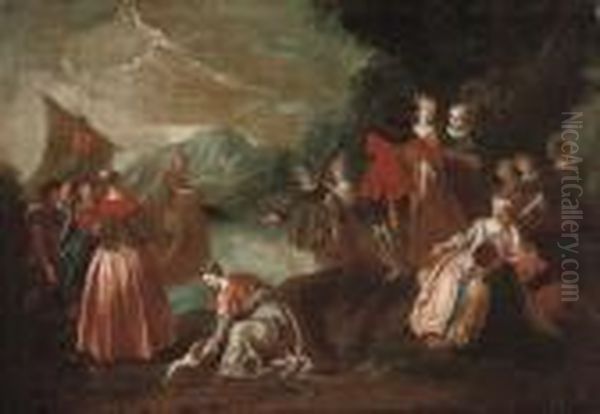 A Wooded Coastal Landscape With Elegant Company In The Foreground And A Ship Beyond Oil Painting by Antoine Pesne