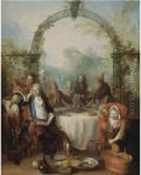 Elegant Figures Dining In A Garden Setting Oil Painting by Antoine Pesne