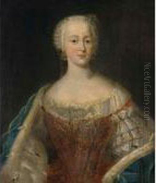 A Portrait Of A Lady Of 
Electoral Title, Half Length, Wearing A Red Dress With A Blue 
Ermine-lined Cloak Oil Painting by Antoine Pesne