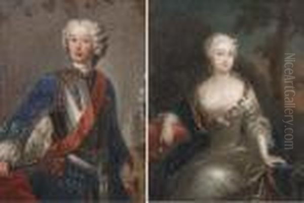 Portrait Of A Gentleman, 
Three-quarter-length, In A Blue Coat Witha Breastplate, Holding A Baton 
In His Right Hand, A Battlefieldbeyond; And Portrait Of A Lady, Seated, 
Three-quarter-length, In Asilk Grey Dress And Blue Shawl, In A Landscape Oil Painting by Antoine Pesne