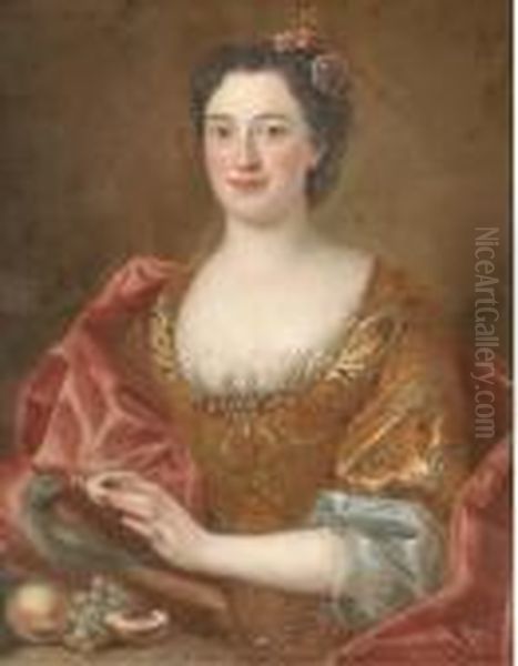 Portrait Of A Lady, Half-length,
 Wearing A Gold-embroidered Dressand Feeding Fruit To A Parrot Oil Painting by Antoine Pesne