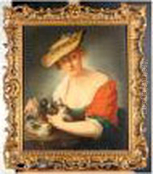 A Maid Holding White Doves Oil Painting by Antoine Pesne