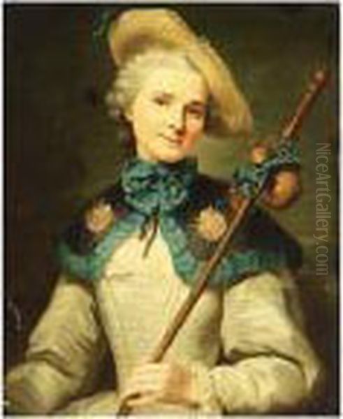 A Portrait Of A Lady Dressed As A Pilgrim, Standing Half-length, Wearing Oil Painting by Antoine Pesne