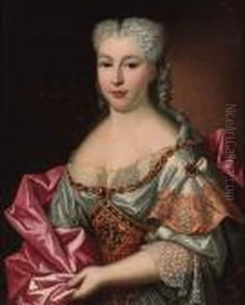 Portrait Of A Lady, Half-length,
 Wearing A White Embroided Dresswith Lace Trim And A Pink Wrap Oil Painting by Antoine Pesne