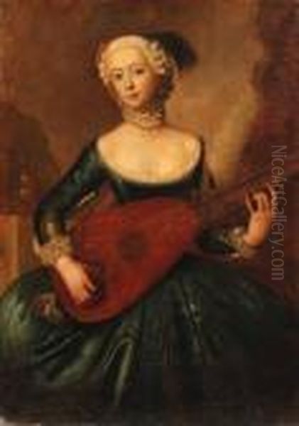 Portrait Of A Lady, Three-quarter-length, In A Blue Dress, Playinga Lute Oil Painting by Antoine Pesne