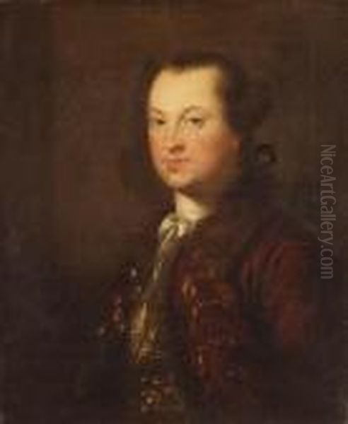 Portrait Of A Gentleman, Half 
Length, Wearing A Maroon Jacket Witha Fur Collar And White Cravat Oil Painting by Antoine Pesne