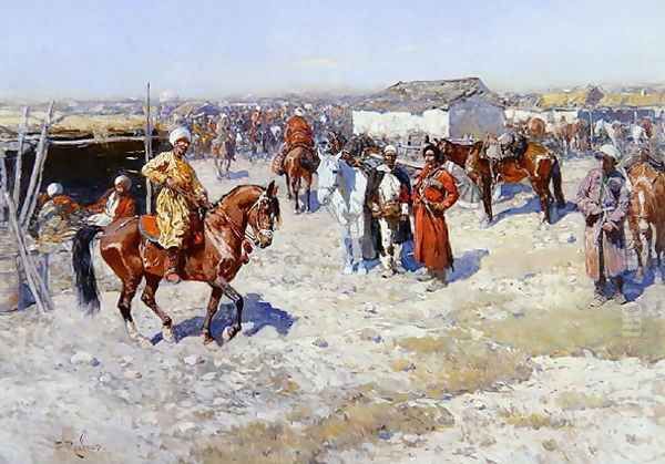 Central Asian Horse Market Oil Painting by Franz Roubaud