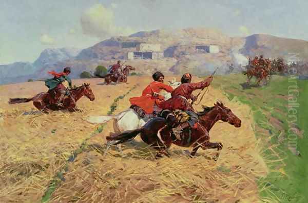 Cossacks charging into battle Oil Painting by Franz Roubaud