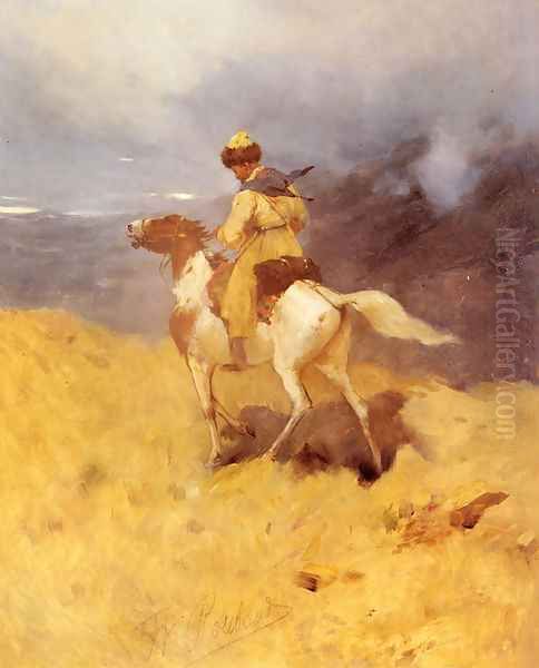 Horseman in a Mountainous Landscape Oil Painting by Franz Roubaud