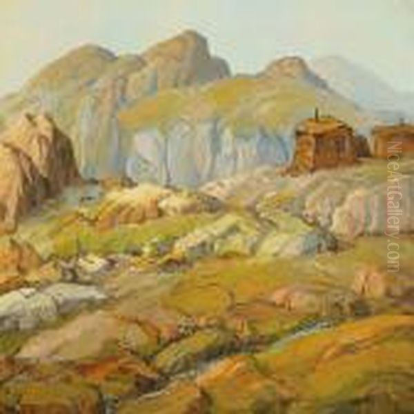 Greenlandic Landscape With Cottage Oil Painting by Emanuel A. Petersen