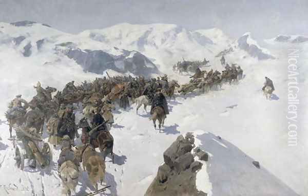 Count Argutinsky crossing the Caucasian Range, 1892 Oil Painting by Franz Roubaud