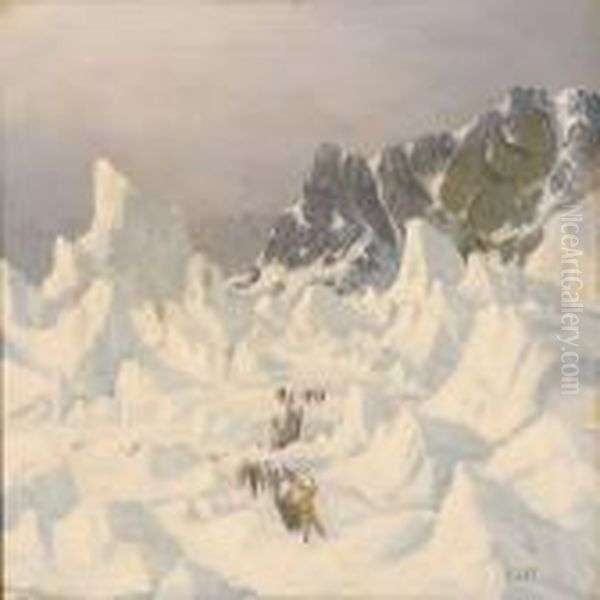 Inuits And Their Sled Dogs In High Speed Over Thegreenlandic Ice Oil Painting by Emanuel A. Petersen