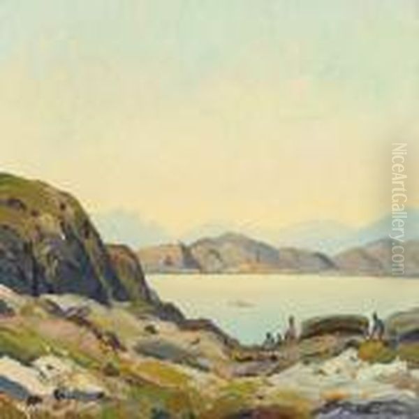 Greelandic Summer Landscape With People By The Fiord Oil Painting by Emanuel A. Petersen