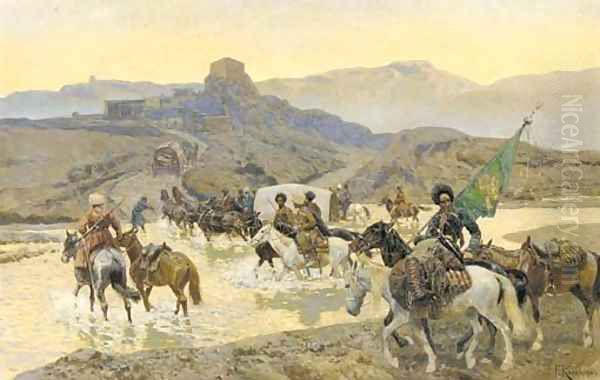 Circassian cavalry fording a stream Oil Painting by Franz Roubaud