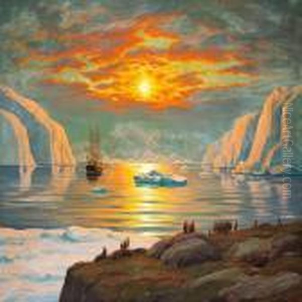 View Of A Greenlandic Fiord Flooded By The Midsummer Sun Oil Painting by Emanuel A. Petersen