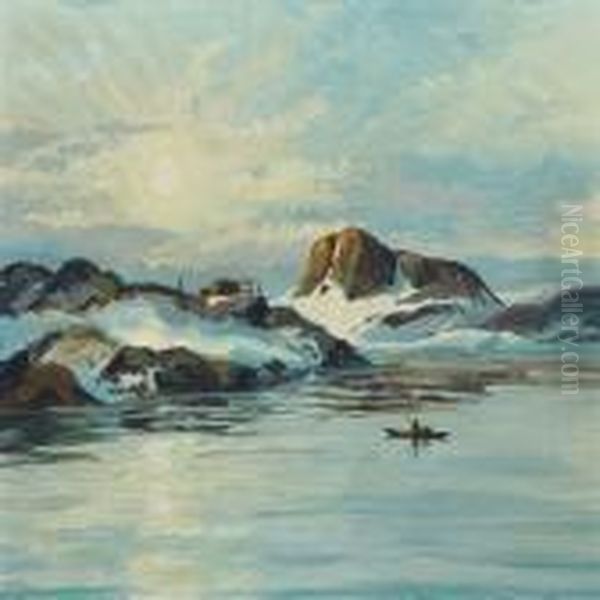 Greenlandic Coastal Landscape With Hunters At Theircabin Oil Painting by Emanuel A. Petersen