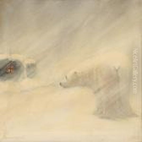 A Polar Bear Sees Into A Warm Hut Oil Painting by Emanuel A. Petersen