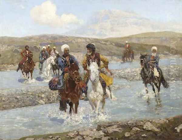 Kozaks crossing the river Oil Painting by Franz Roubaud