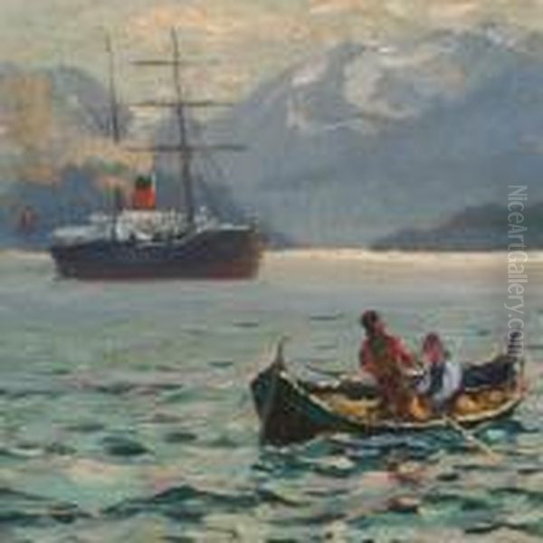 Scenery Fromscoresby Sund With Steamer And Cano Oil Painting by Emanuel A. Petersen