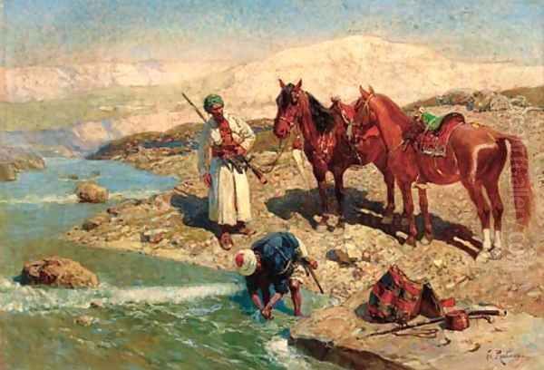 Arab horsemen washing by a river Oil Painting by Franz Roubaud