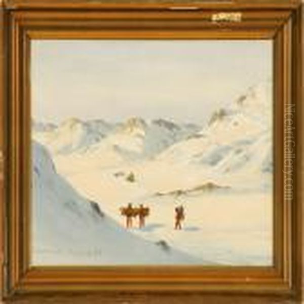 A View From Greenland With A Dog Sledge And Women On Foot Oil Painting by Emanuel A. Petersen