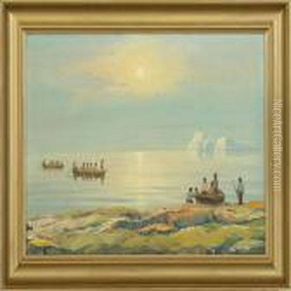 A Scene From Greenland With Boats And Figures In The Sunlight Oil Painting by Emanuel A. Petersen