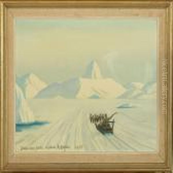 In Dog Sledgebetween Icebergs Oil Painting by Emanuel A. Petersen