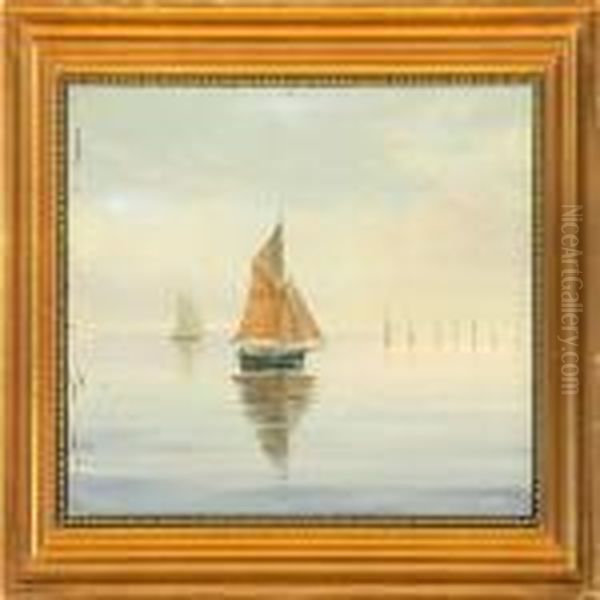 A Danish Marinewith Sailing Boats In Calm Water by Emanuel A. Petersen