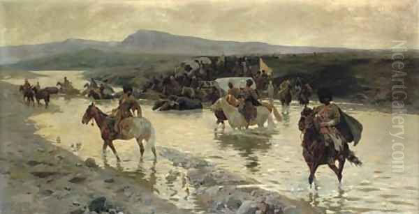 The river crossing Oil Painting by Franz Roubaud