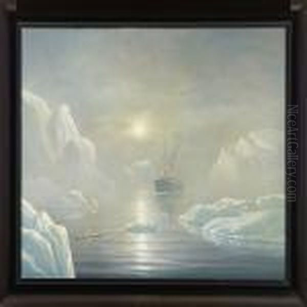 A Steam Ship And Kayak Among Icebergs Oil Painting by Emanuel A. Petersen