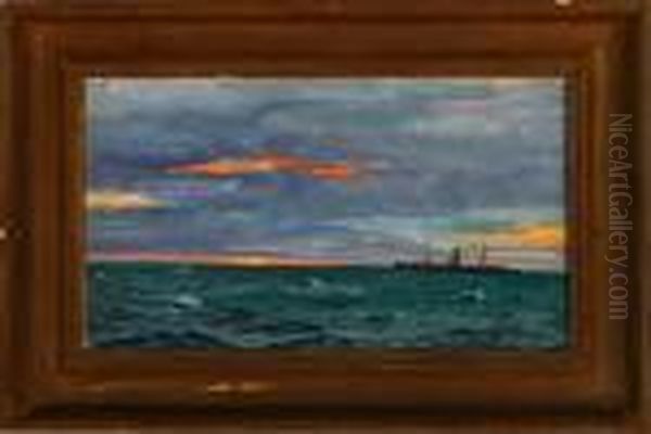 A Marine With A Steamship Sailing On Open Sea At Sunset Oil Painting by Emanuel A. Petersen