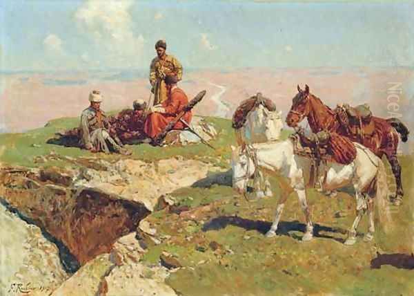 Caucasian riders Oil Painting by Franz Roubaud