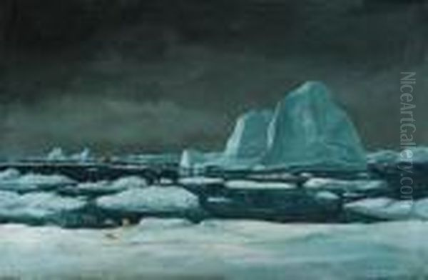 An Arctic Seascape With Polar Bears On The Ice And A Ship In Theice-floe Oil Painting by Emanuel A. Petersen