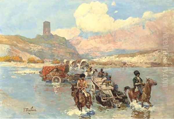 Caucasians crossing a river Oil Painting by Franz Roubaud