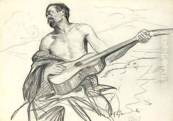 Study of a man with a guitar Oil Painting by Franz Roubaud