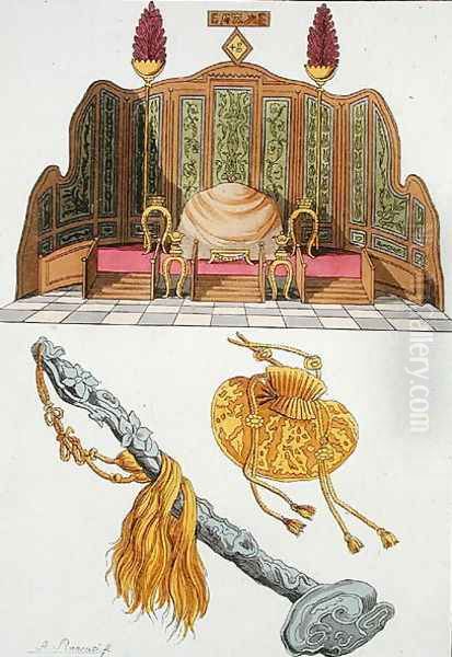 Throne of a Chinese Emperor, Yo-yo sceptre and cap, illustration from Le Costume Ancien et Moderne by Giulio Ferrario, published c.1820s-30s Oil Painting by Antonio Rancati