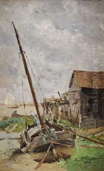 Bateau En Cale Seche Oil Painting by Edmond Marie Petitjean