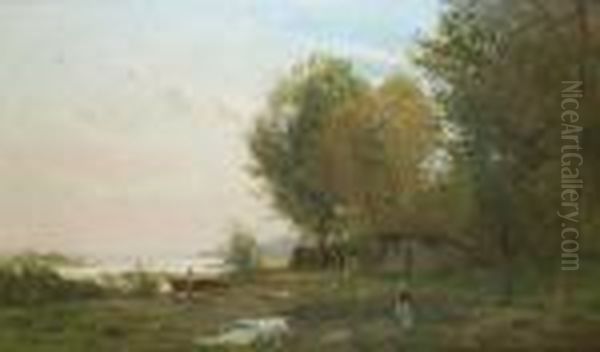 Lavandiere Et Pecheur Au Bord De L'estuaire Oil Painting by Edmond Marie Petitjean