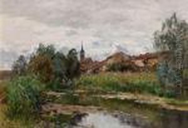 Anglers In The Reeds With A City In Thebackground Oil Painting by Edmond Marie Petitjean