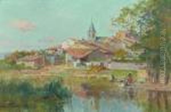 Vue De Village Avec Lavandieres En Bord De Riviere. Oil Painting by Edmond Marie Petitjean